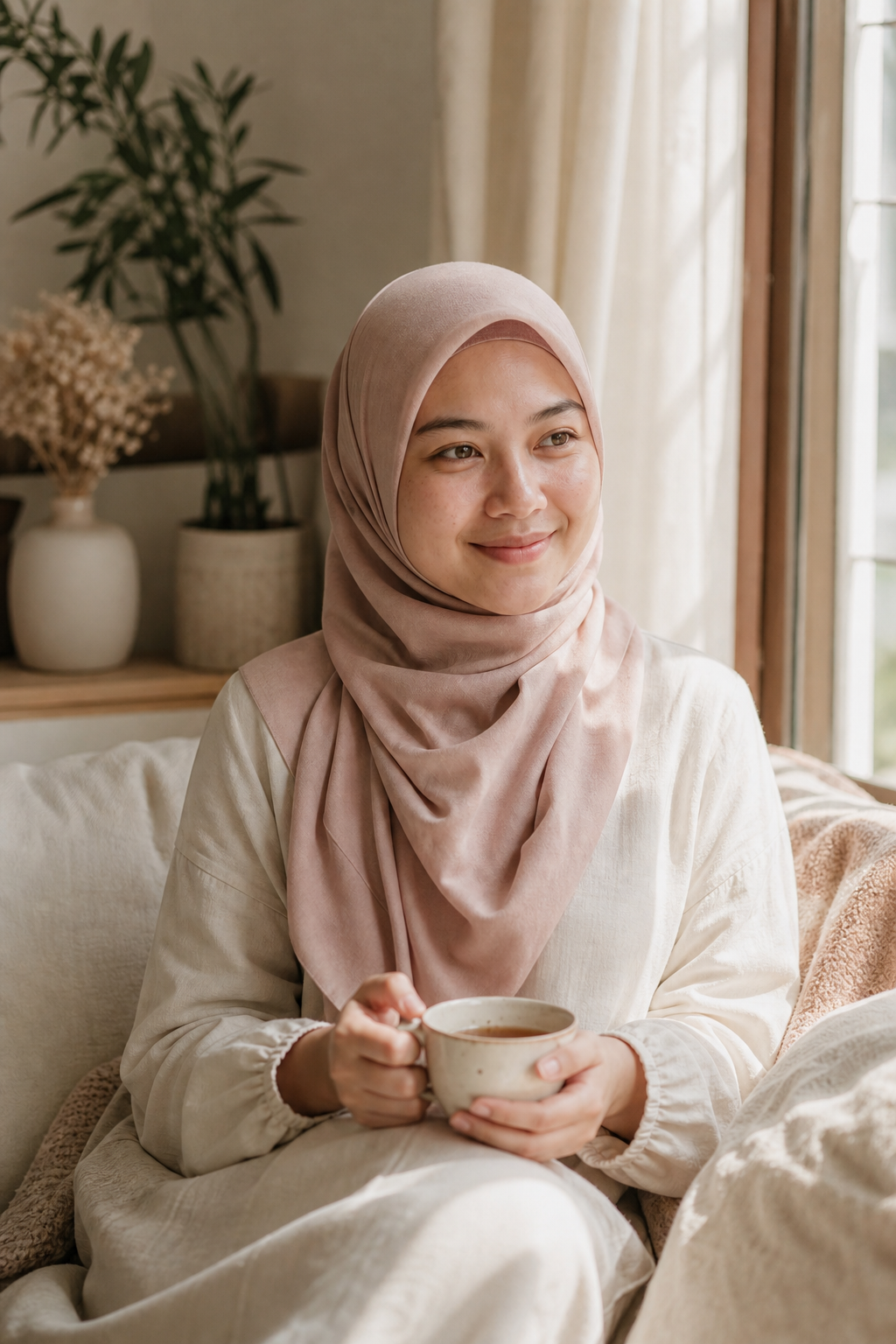A young Muslim woman in a blush hijab sitting by a window with a cup of tea, smiling