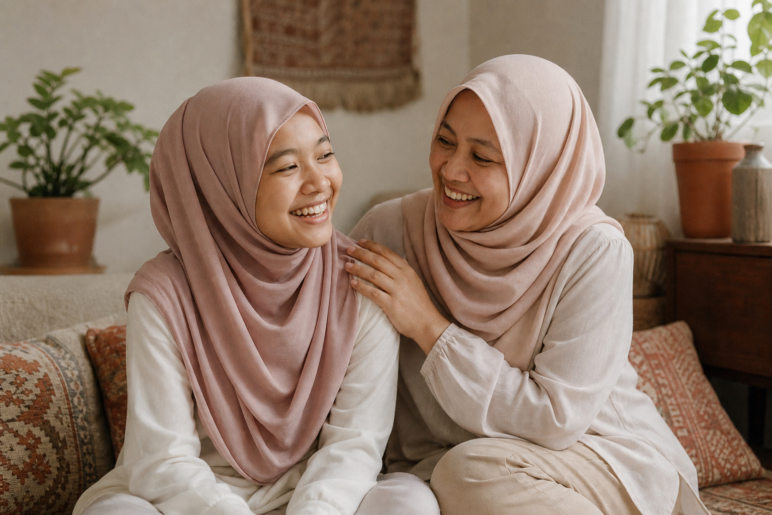 A mother and her teenage daughter laughing together at home