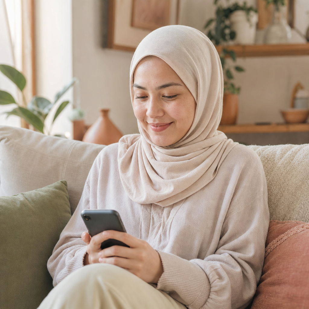 A Muslim woman looking at her phone with a relieved smile